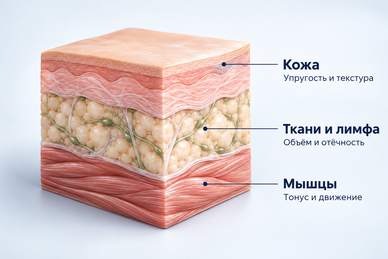 Слои лица: кожа, ткани и лимфа, мышцы